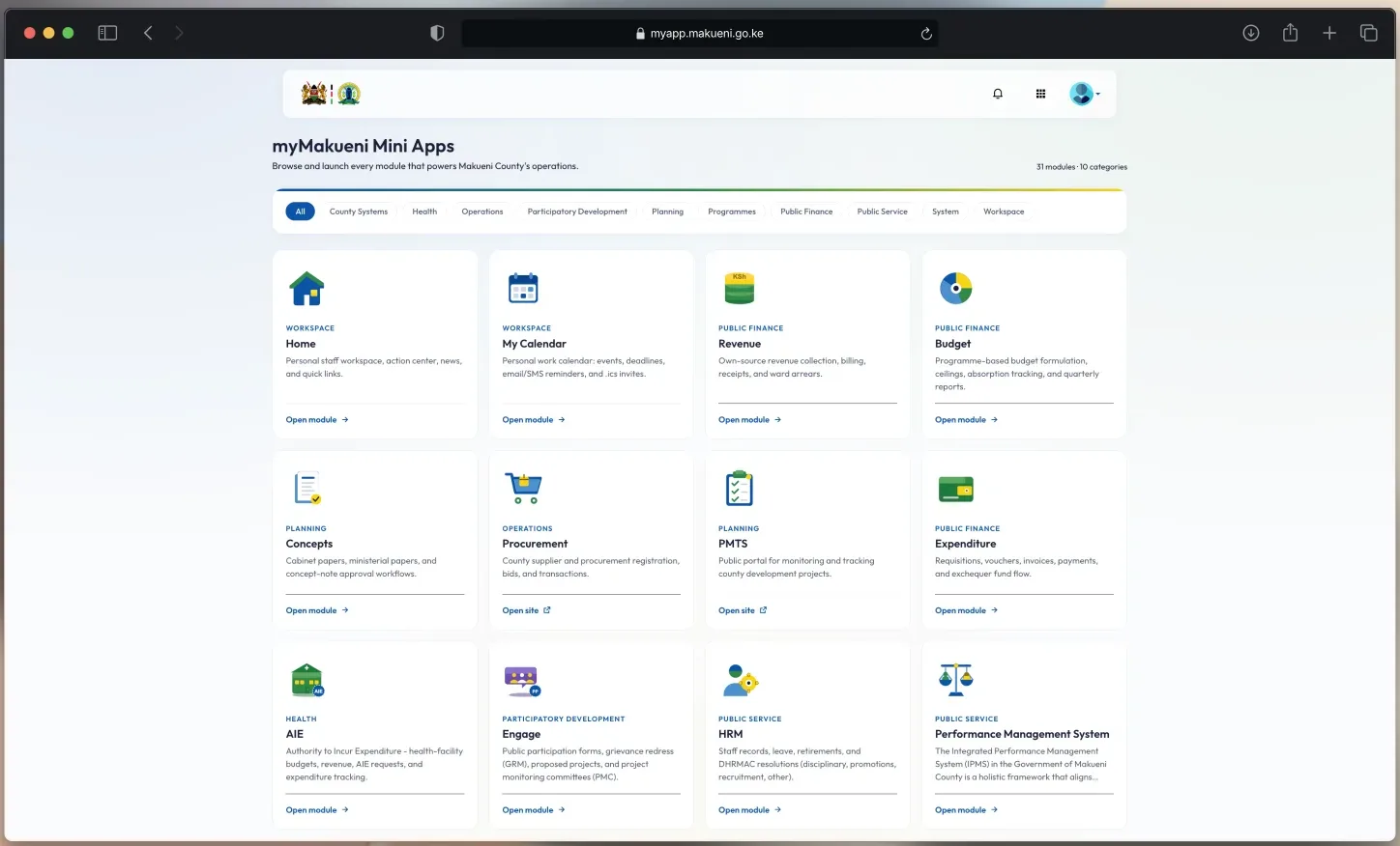 myMakueni Mini Apps directory listing the ERP modules